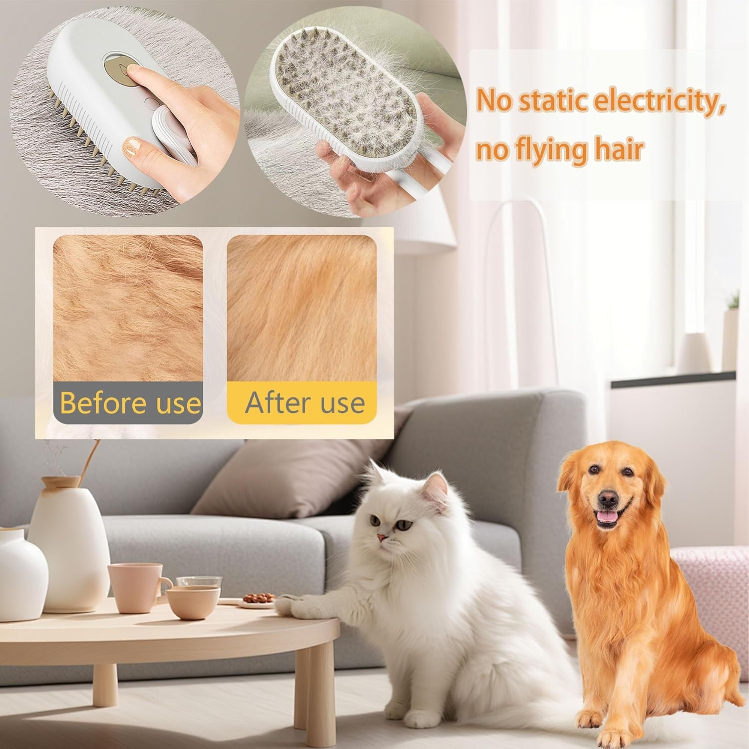 3 in 1 Cat Steam Brush for Shedding & Grooming with Foldable Handle Pet Spray Hair Removal Comb Spritz Defur Comb for Cats Water Brush for Long & Short Haired Pets