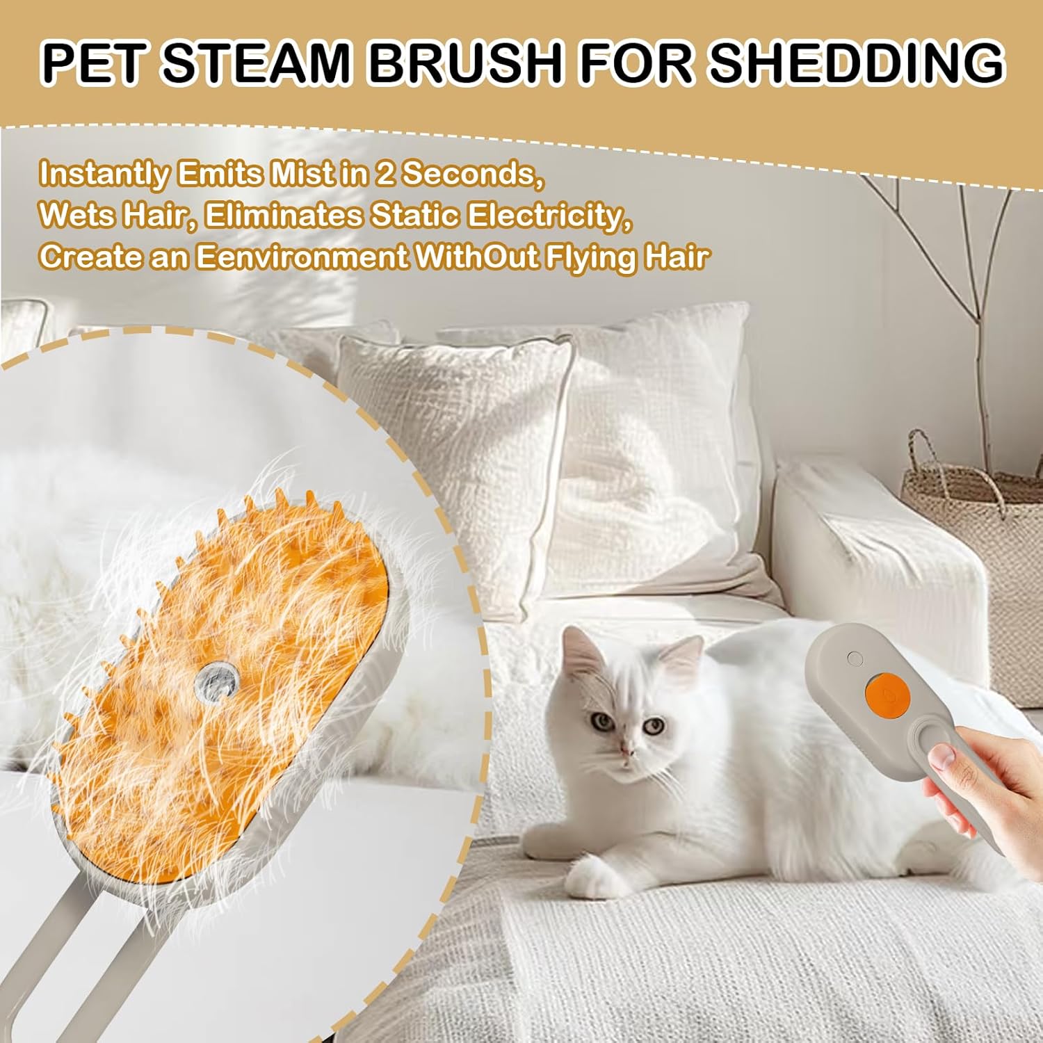 Steam Brush 4 in 1 for Shedding,  Rechargeable Cat Brush with Steam, Anti-Static for Pet Massage, Cleaning, Shedding and Combing- Cream